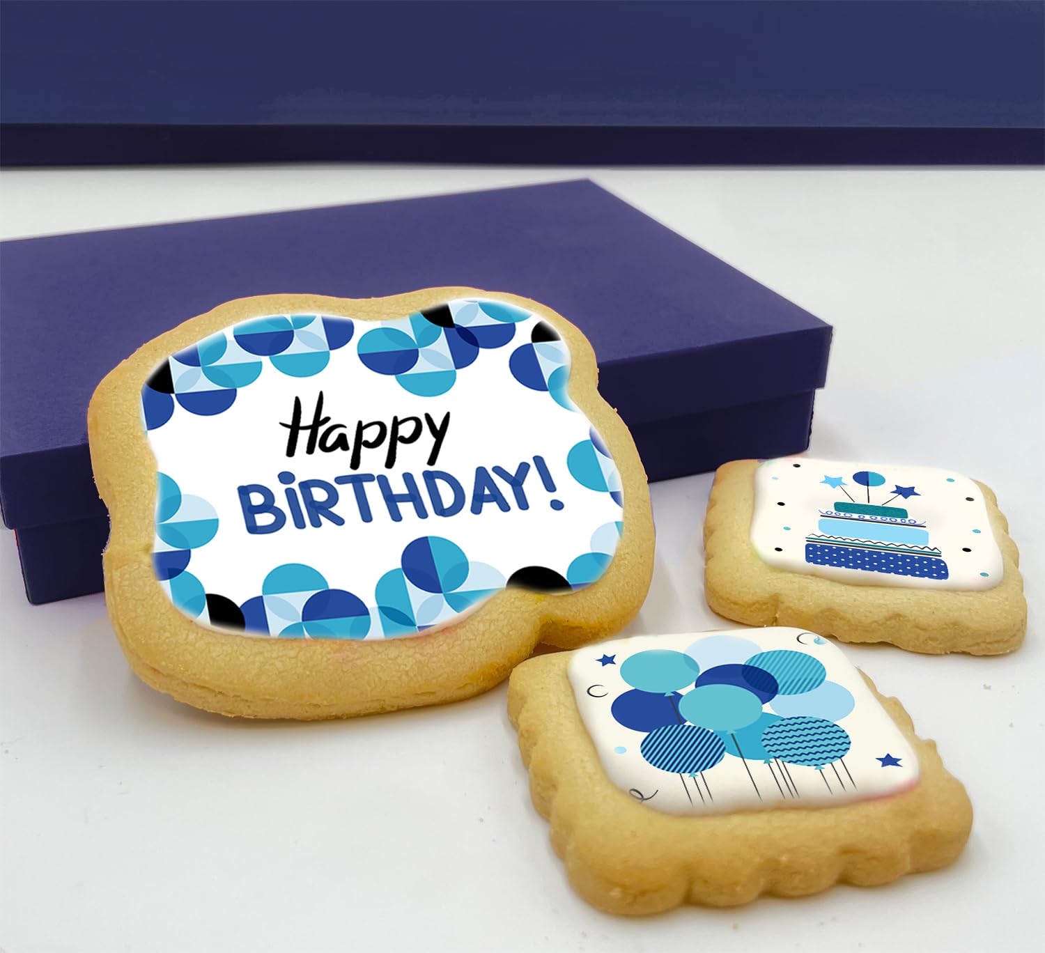 Happy Birthday Cookies Blue Gift Basket For Men and Boys Him Decorated Sugar Cookie Gift Box Mens | Nut Free | 3 Pack | Kosher