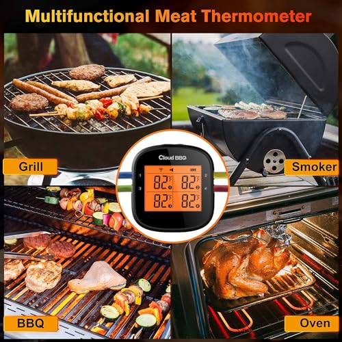 Cloud BBQ 500FT Wireless Meat Thermometer, Smart Rechargeable BBQ Thermometer with Four Probes, Bluetooth Meat Thermometer for Somker, Oven,Grilling, Cooking Turkey Fish Beef (FS-52)