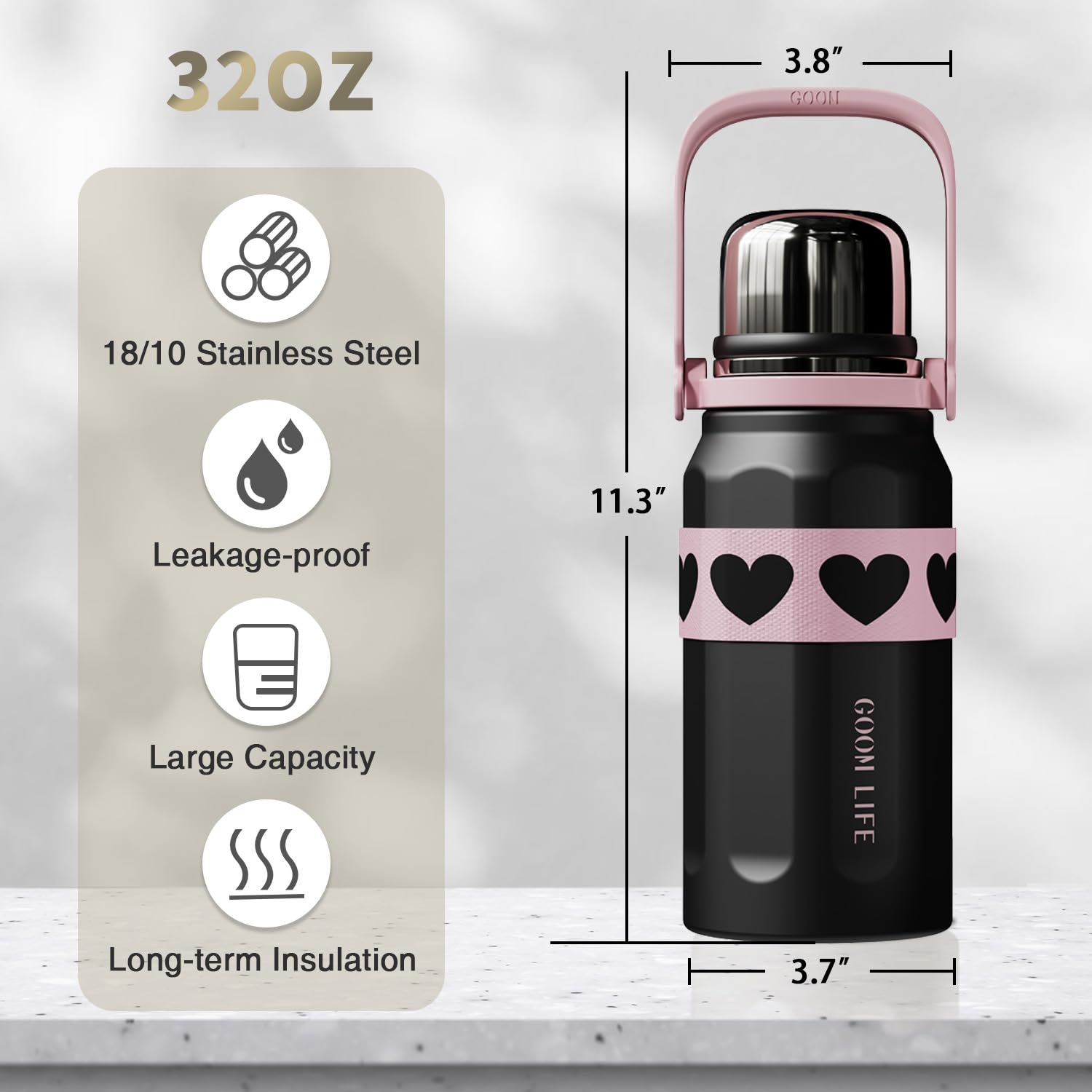 GOOM The Grip 32 oz Water Bottles for Hot and Cold Drinks,18/10 Stainless Steel Insulated Water Bottle with Lid, Carrying Strap,Strainer,7-Layer Insulation,Wide Mouth - Black, Pink