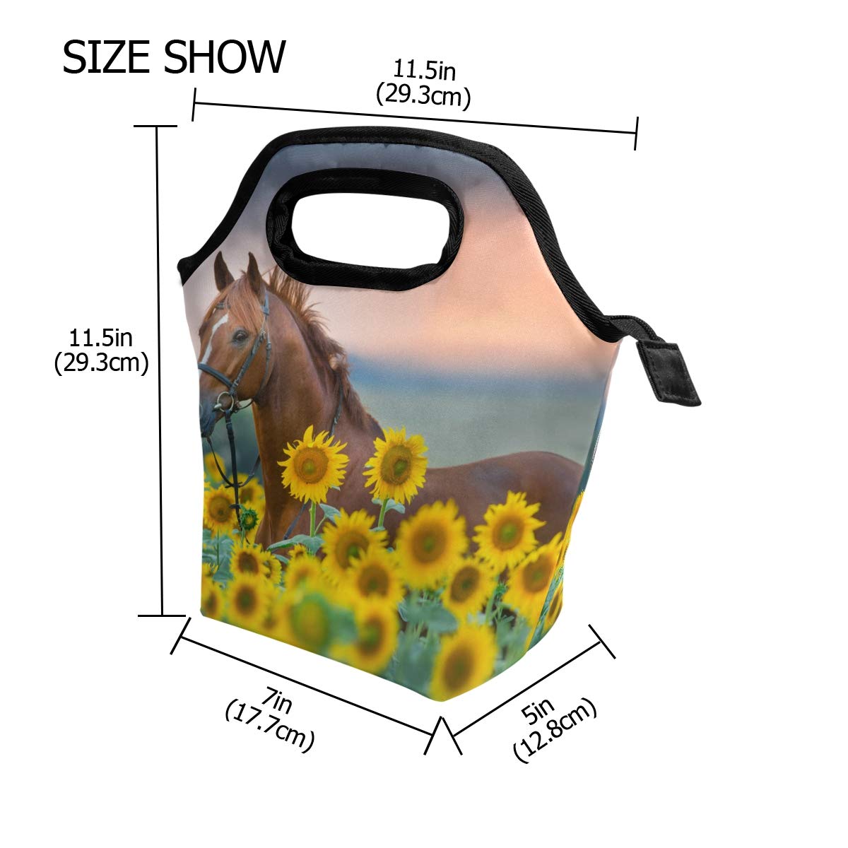 senya Lunch Bag Horse Sunflowers Printed Neoprene Tote Reusable Insulated Gourmet Lunchbox Container Organizer School Picnic Carrying For Men, Women, Adults, Kids, Girls, Boys