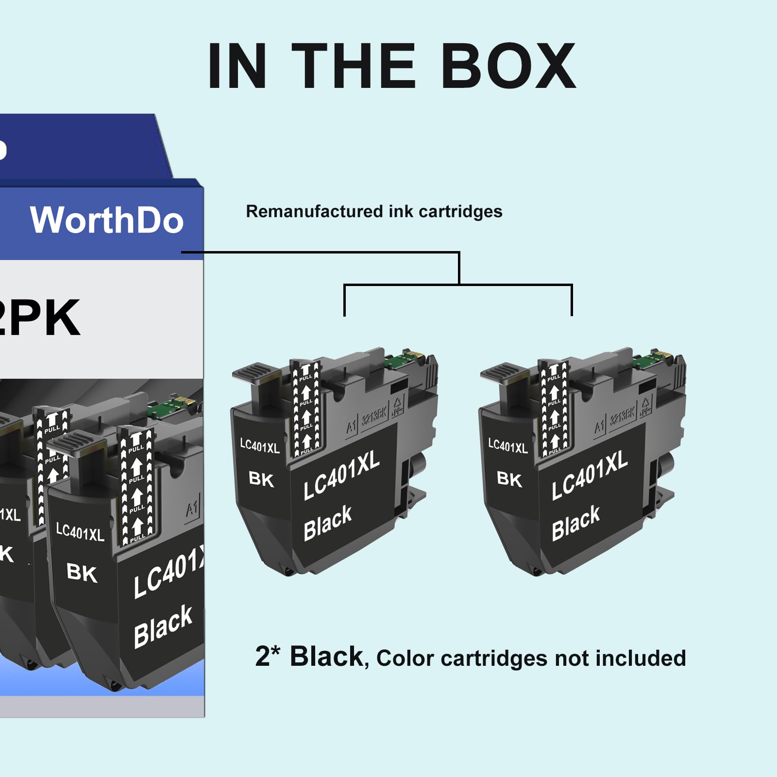 WORTHDO LC401XL High Yield Black Ink Cartridges Compatible for Brother LC401 XL Black Work with Brother MFC-J1010DW MFC-J1012DW MFC-J1170DW Printer (2 Pack)