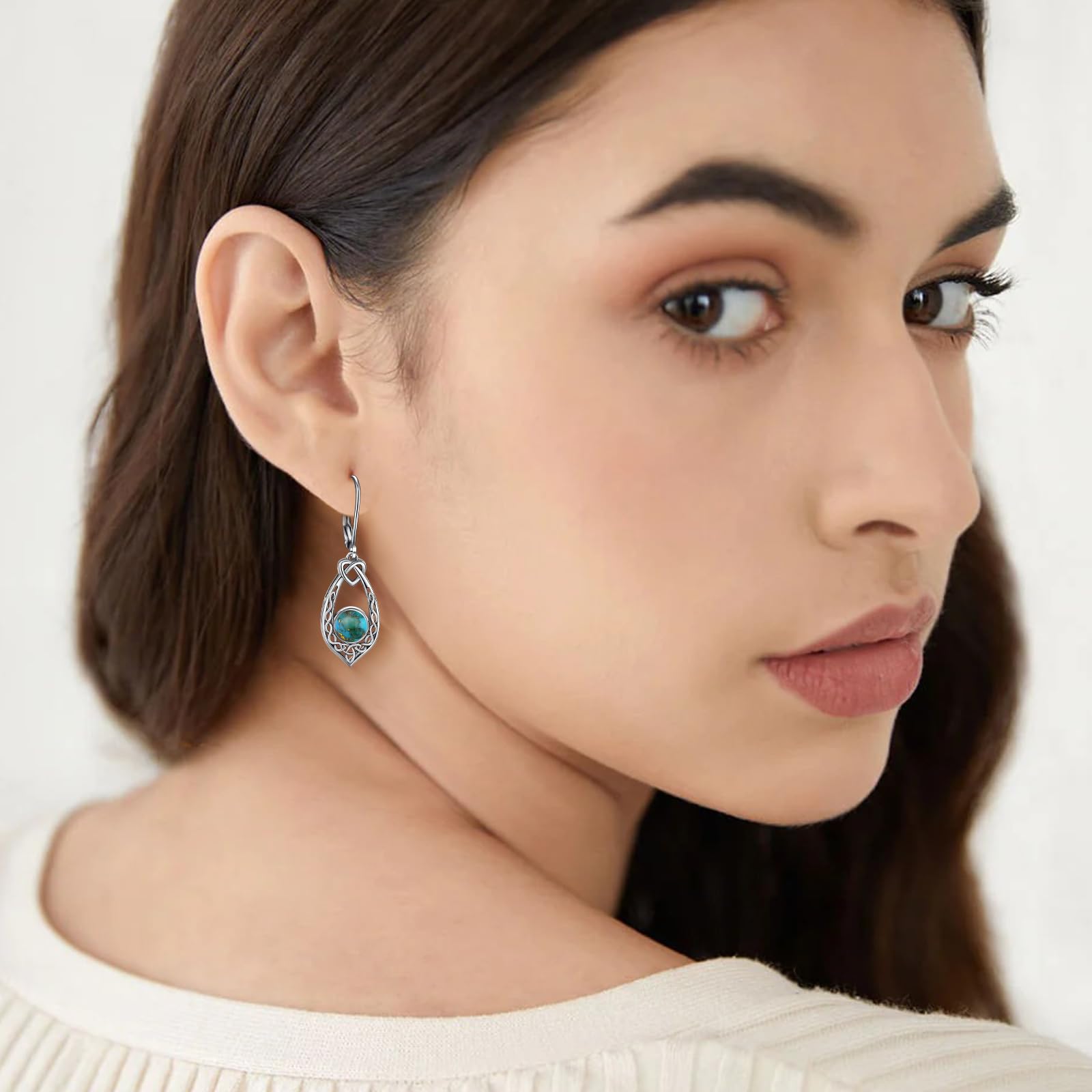 Yaresul Celtic Knot Turquoise Earrings for Women, Vintage 925 Sterling Silver Turquoise Dangle Earrings Celtic Knot Leverback Earrings Valentines Earrings Gifts