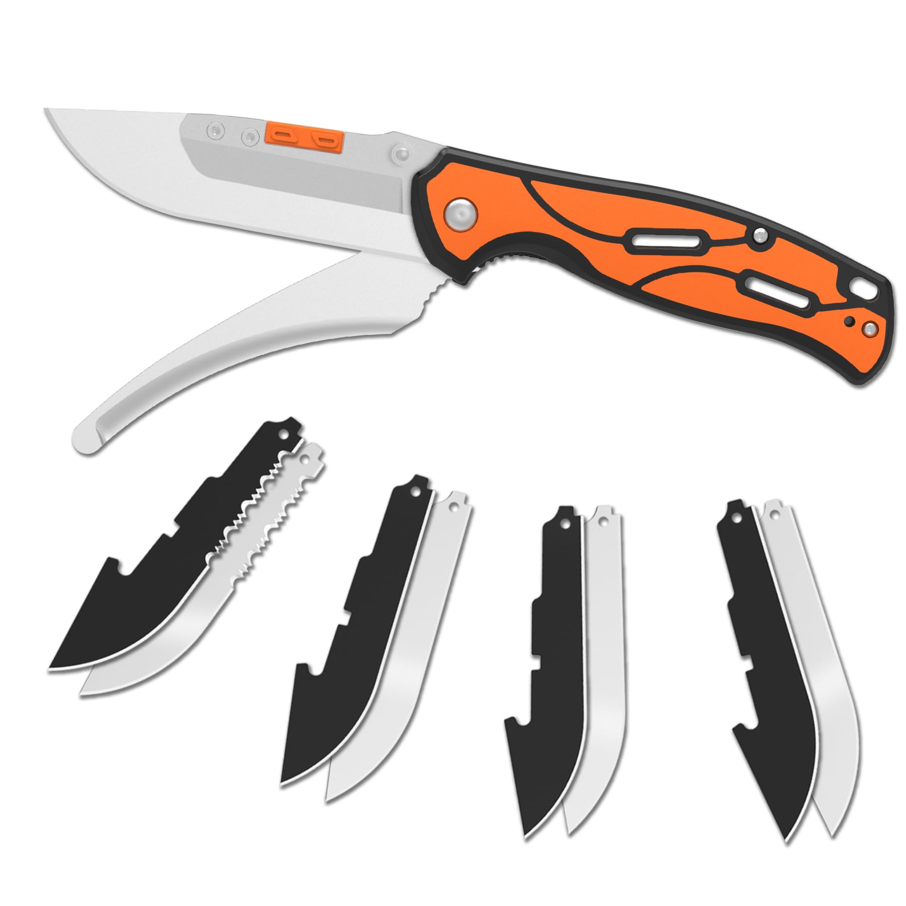 KNINE OUTDOORS Hunting Double Blade Pocket Knife with Replaceable Blades and Clip, Skinning Knife, Gutting Knife, EDC Knife for Deer Hunting, with 9 Blades (Orange)
