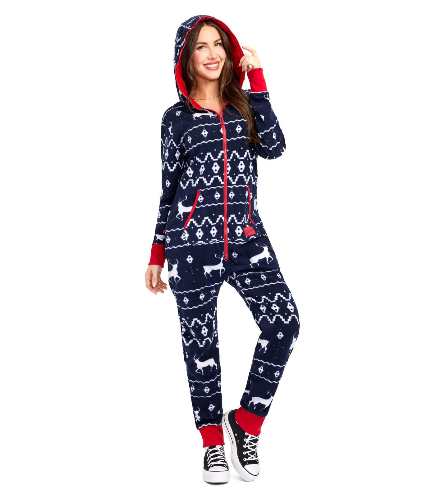 Tipsy Elves Christmas Onesies for Adults - Comfy Unisex Matching Holiday Jumpsuits with Convenient Pockets - Blue Fair Isle Christmas Jumpsuit Size Small