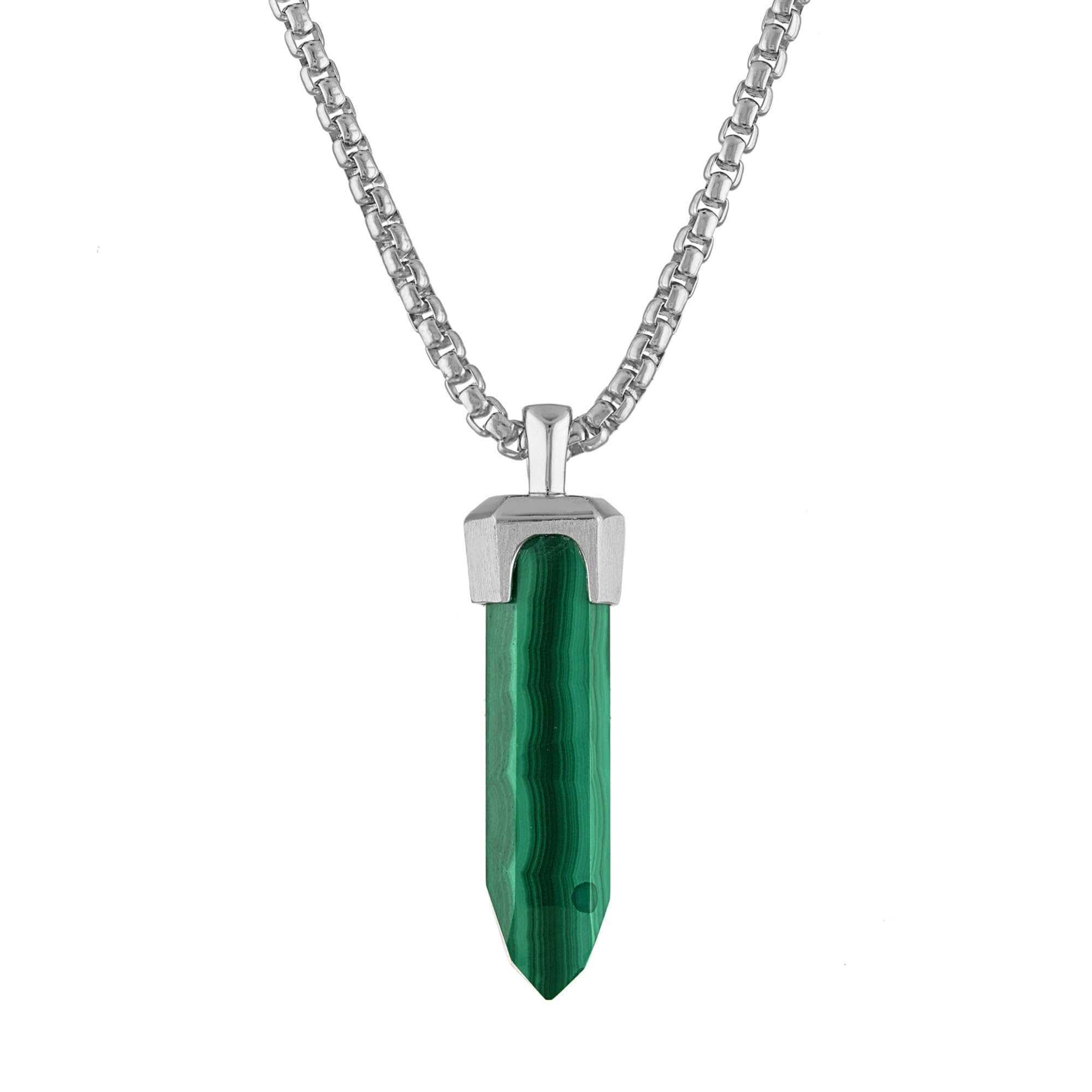 Bulova Jewelry Men's Icon Green Malachite Obelisk Shaped Pendant and Sterling Silver Rounded Box Link Chain Necklace,Length 24-26" Style:BVP1020-WSMAL