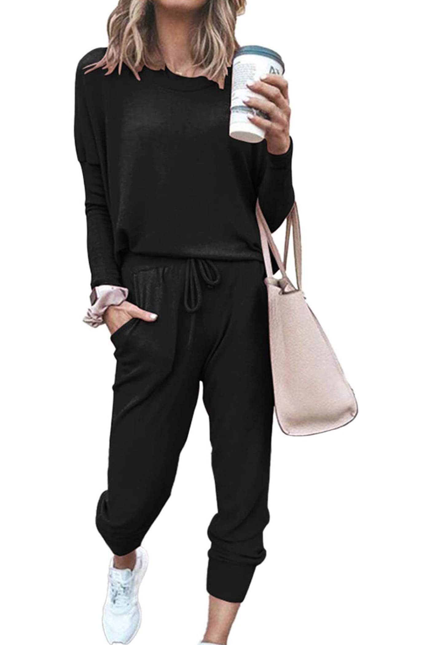 PRETTYGARDEN Women's Fall 2 Piece Lounge Outfit Long Sleeve Crewneck Pullover Tops High Waisted Pants Set Tracksuit (Black,Small)