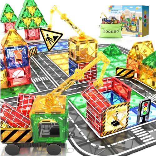 Kids Games Magnetic Tiles Road Set with Extendable Magnetic Crane, City Construction Building Toys for Toddlers STEM Preschool Toys Ages 4-6 5-7, Gifts for 3+ Year Old Boys Girls Kids Toys with Car