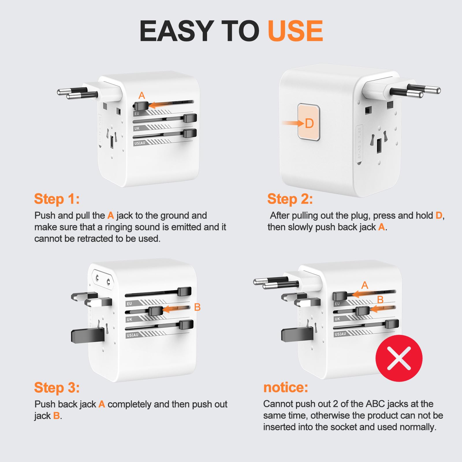 FDTEK Universal Travel Adapter, 65W International Universal Adapter European Laptop Travel Plug Adapter with 3 USB Ports (2 USB C) Worldwide Adapter for Europe UK AUS Asia Japan Covers 300+Countries