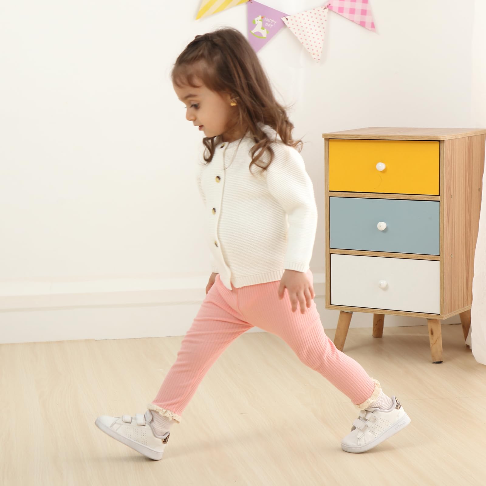 DREAM BUS 5 Pack Baby Girl Pants Toddler Girl Solid Ribbed Pants with Lace Trim Newborn Cotton Leggings Infant Jogger Pants