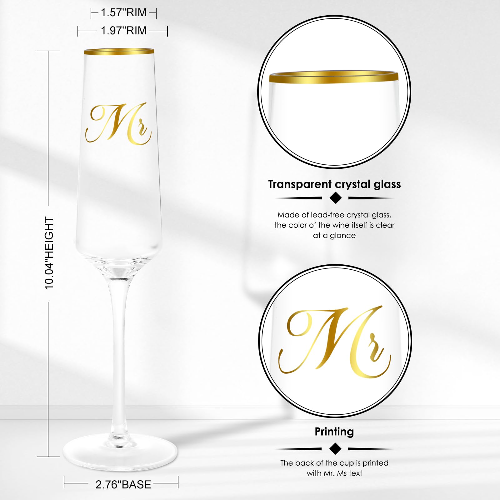 Mr and Mrs Wedding Champagne Flutes with Long Stem,Bride and Groom Toasting Glass Set of 2, Bridal Shower Gift, Valentines Day Gift for Wedding, Anniversary, Wifey Gifts, Engagement Gifts for Couples