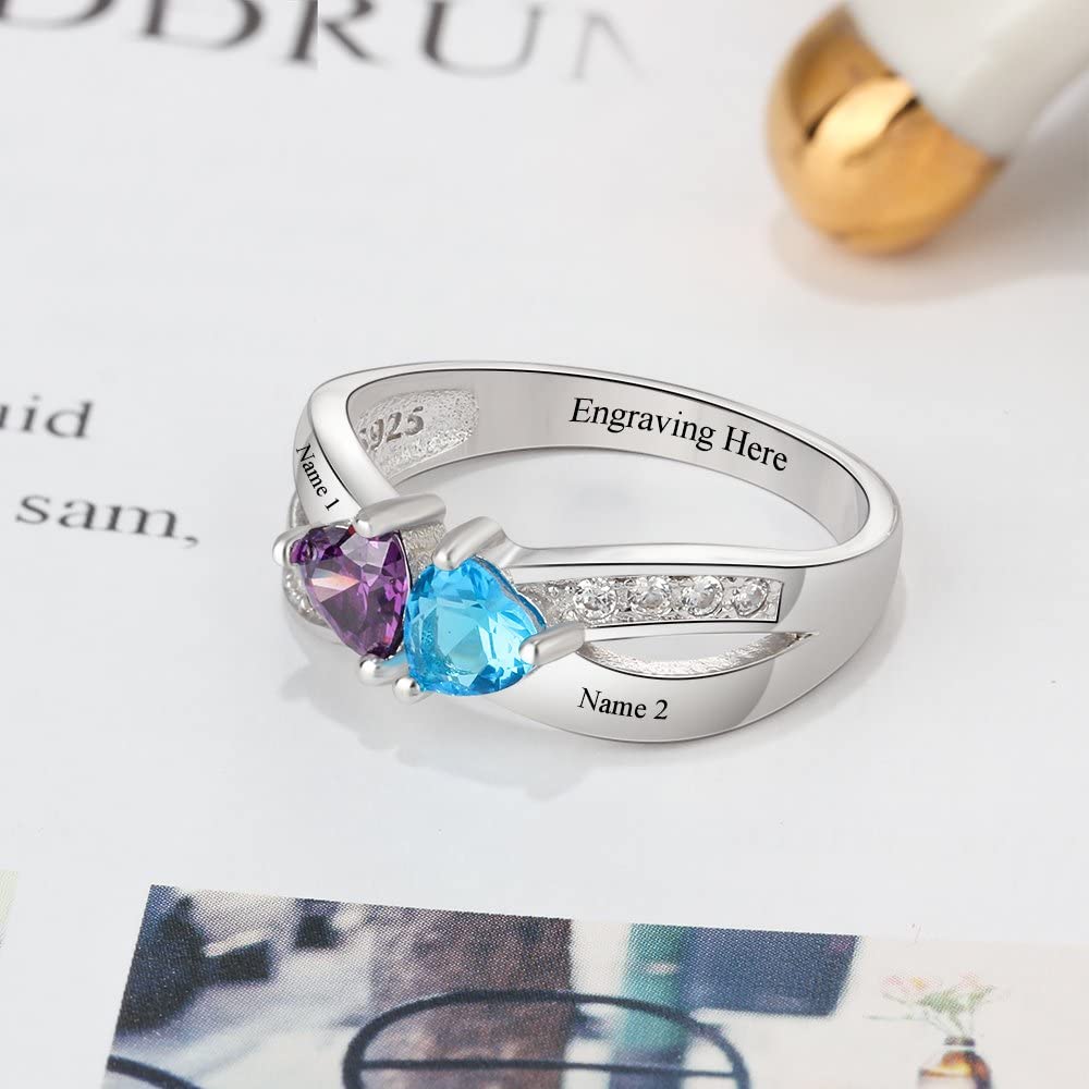 Personalized 2 Simulated Birthstone Rings for Women Mothers Ring with Names Custom Promise Rings for Women