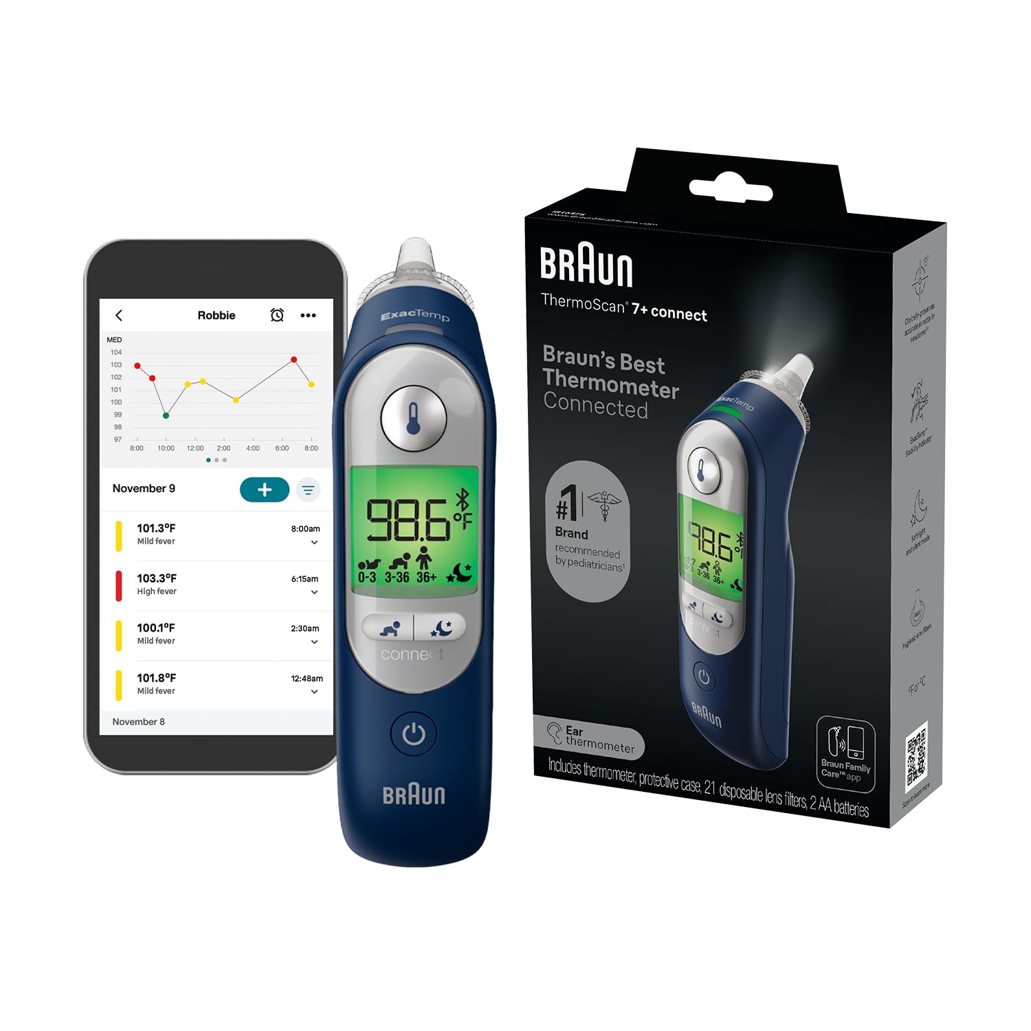 Braun ThermoScan 7+ Connect Digital Ear Thermometer - Family Care App Compatible, Age Precision Technology, Color-Coded Digital Display, No. 1 Brand Recommended by Pediatricians, FSA and HSA Eligible