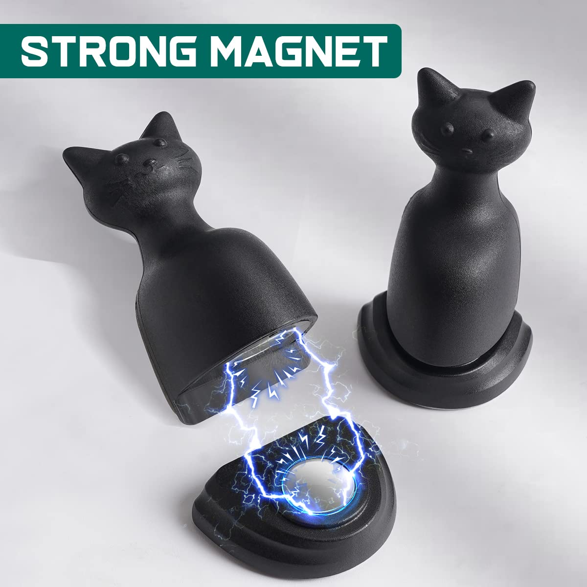 Magnetic Door Stop for Bottom of Door - 2 Pack Door Stopper Black Cat Shape Catch Wall Protector, Heavy Duty Door Stop with 3M Adhesive Tape, Hold Keep Door Open