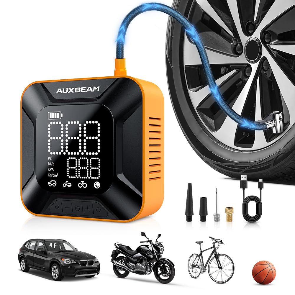 Auxbeam Tire Inflator Portable Air Compressor, 2024 Tire Air Pump with Amazing 28MM Big Cylinder Upgraded, Max 150PSI Cordless Tire Inflator for Pickup SUV MPV Car Motorcycle Bike（HD Screen）