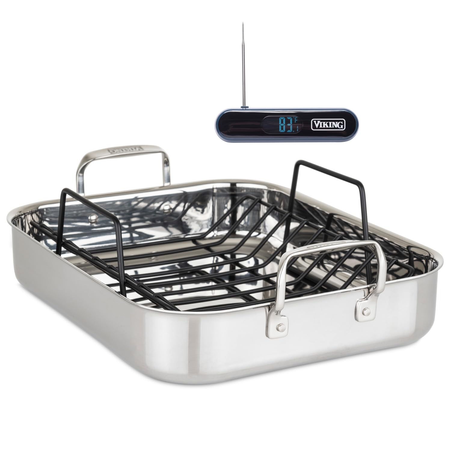 Viking Culinary 3-Ply Stainless Steel Roasting Pan and Rack with BONUS Instant Read Thermocouple Probe Thermometer, 16" x 13" x 3"