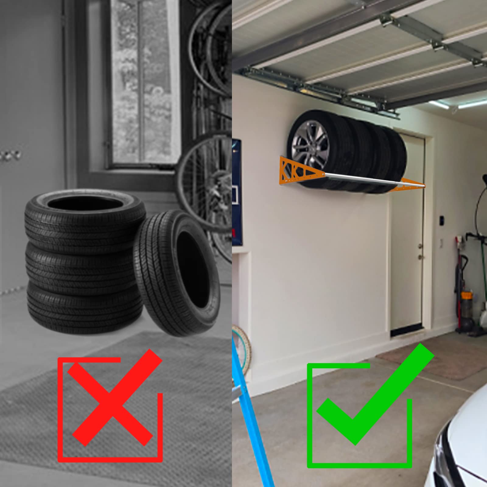Fioracl Tire Rack Wall Mount Adjustable 31"-56" Tire Storage Rack Wall Mount Wheel Rack with Heavy Duty Telescopic RodsSteel 400 Pound Weight Capacity (Orange)