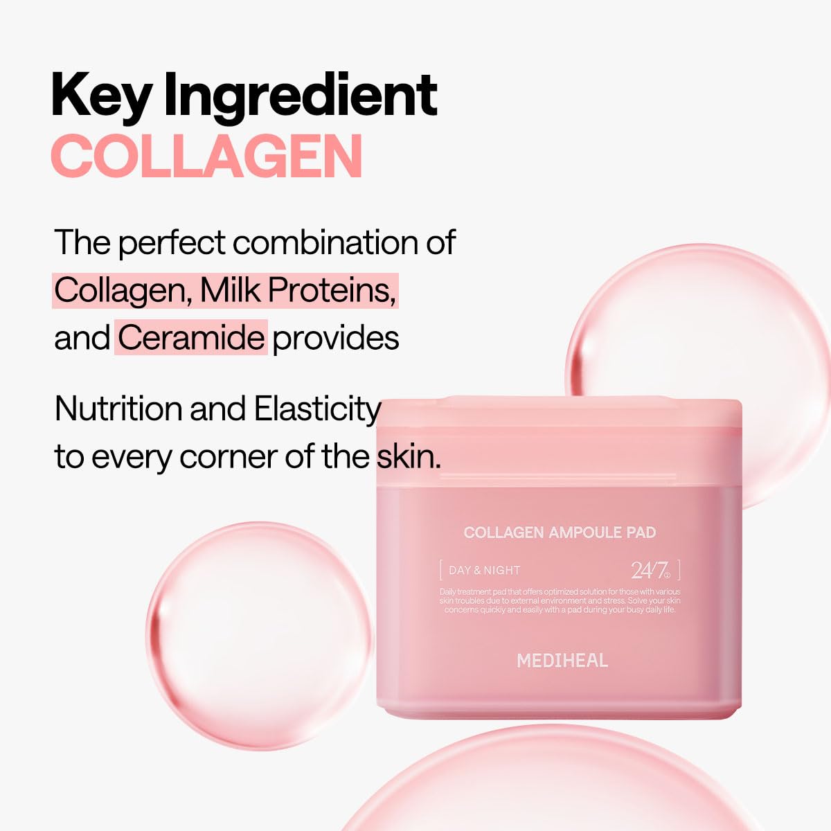 MEDIHEAL Collagen Ampoule Facial Toner Pads - Collagen & Ceramide - Skin Firming & Restore Elasticity & Deep Hydration - Tighten Wrinkles & Lines - Vegan Eco Silk Fabric, 100 Pads