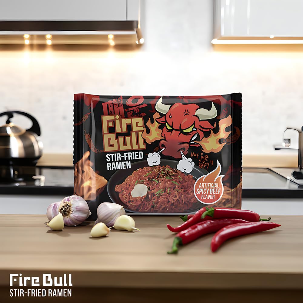 Fire Bull Ramen Intense Spicy Stir-Fried Ramen, Authentic Korean Heat Meets Flavorful Delight | Thick, Chewy Noodles | Quick & Easy Meal (4 Pouches)