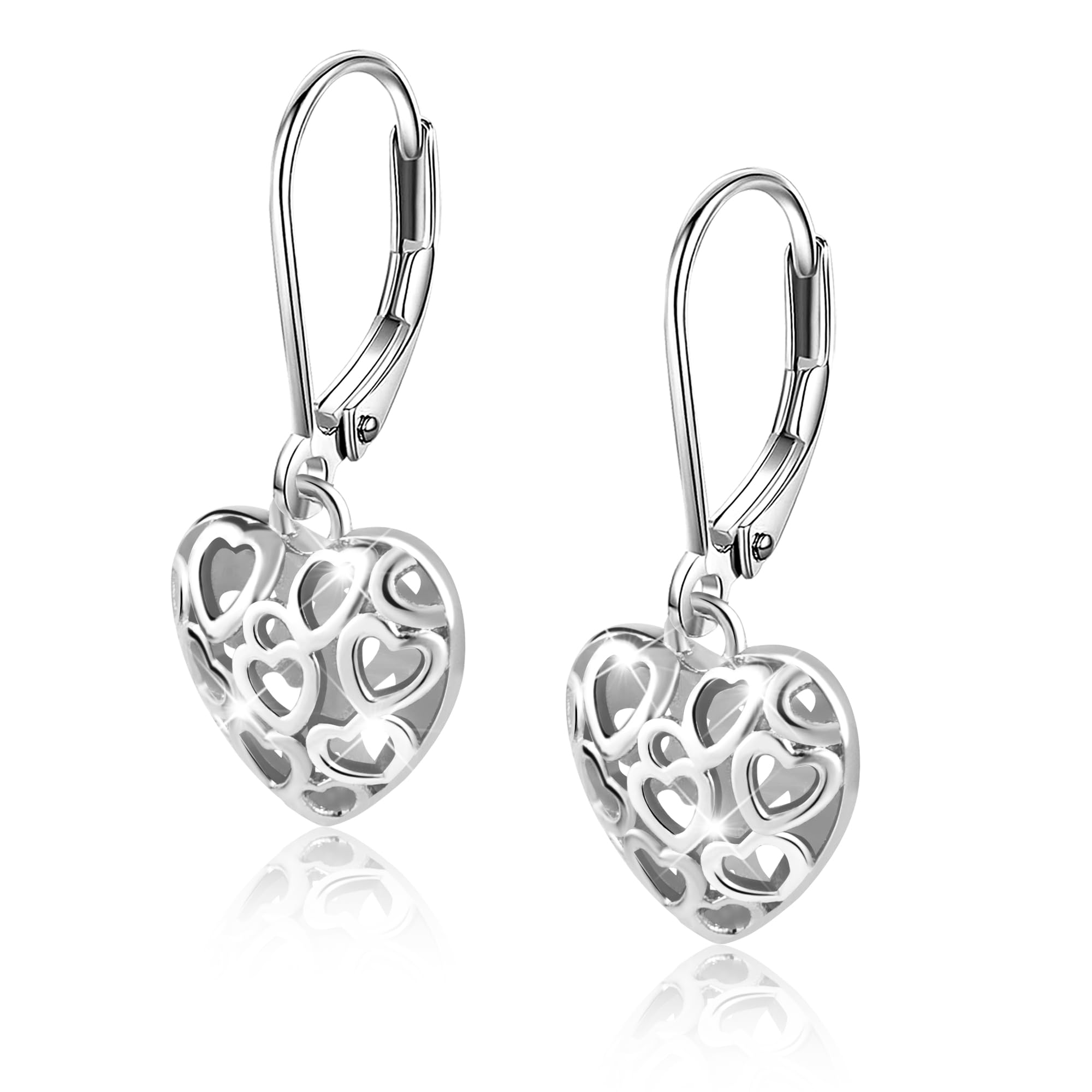LANCHARMED 925 Sterling Silver Heart Dangle Drop Earrings for Women Girls, Trendy French Style Silver Leverback Earrings, Hypoallergenic Jewelry Gift