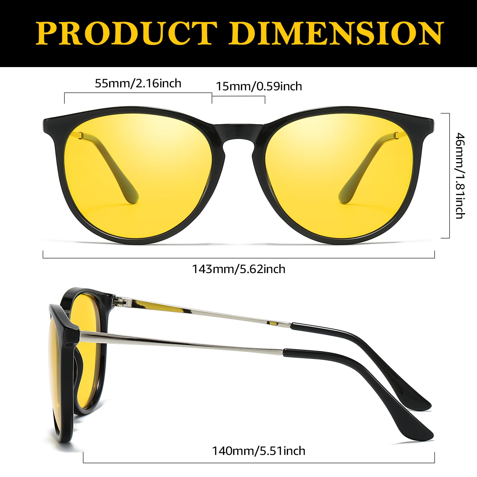TJUTR Night Vision Driving Glasses for Women Men, Polarized Yellow Lens Reduce Glare, Safety Nighttime & UV Protection TN2559