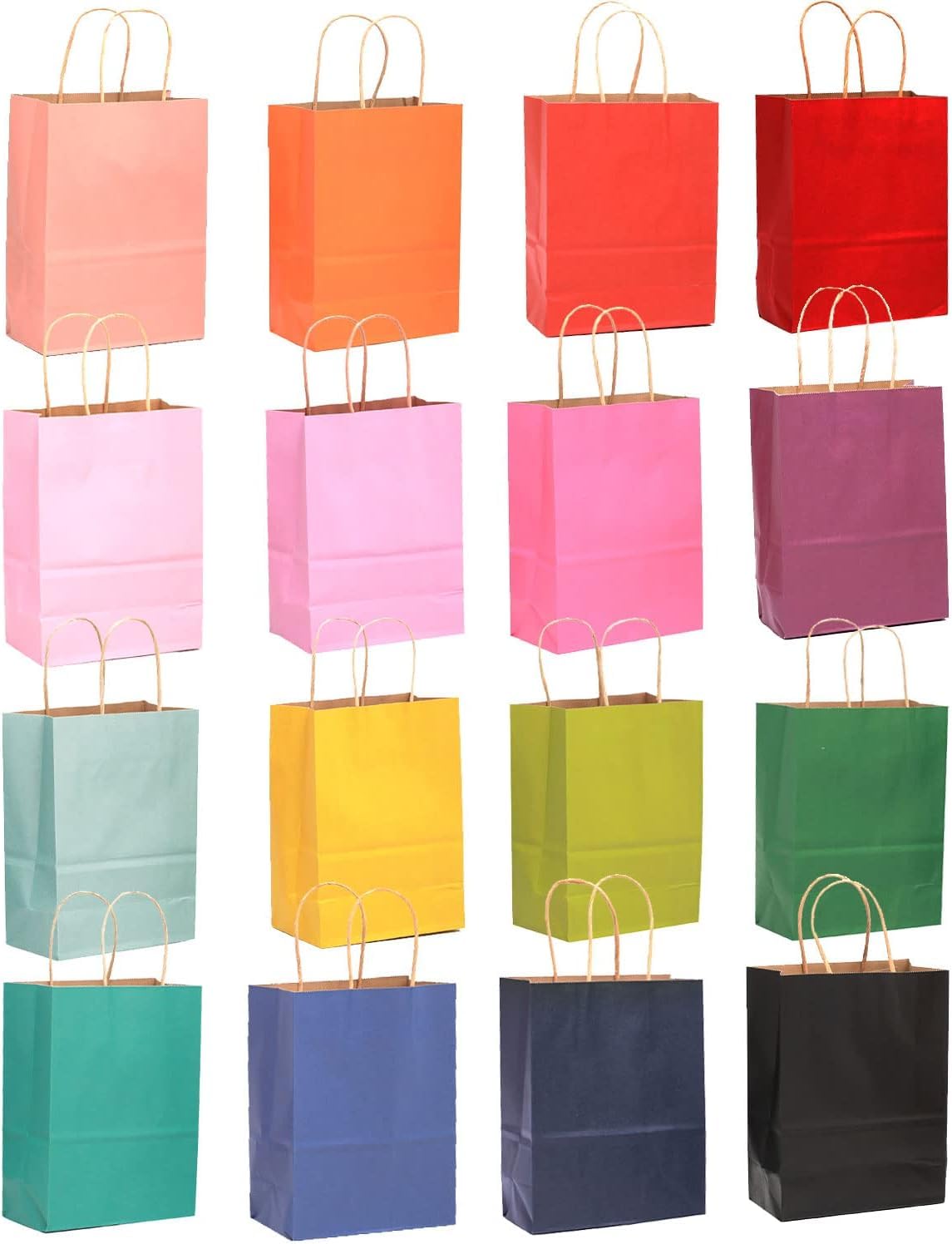 qiqee 32-Packs Paper Bags with Handles Bulk 7.6"x4.75"x10.5" Medium Gift Bags 16 Different Senior Color Bags Multiple Uses（Medium Size）