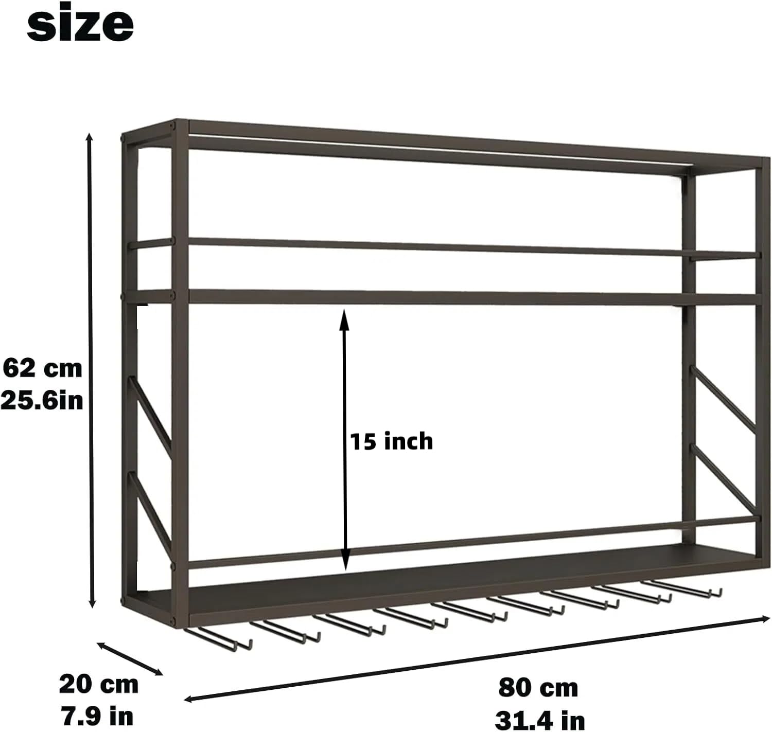 Woskar Wall Mounted Wine Rack 2 Tier, Metal Bar Liquor Shelves and Glass Holder,Wall Bar Shelf Wine Display Storage Holder for Home Bar, Dining Room, Kitchen(31.4×7.8×26in)
