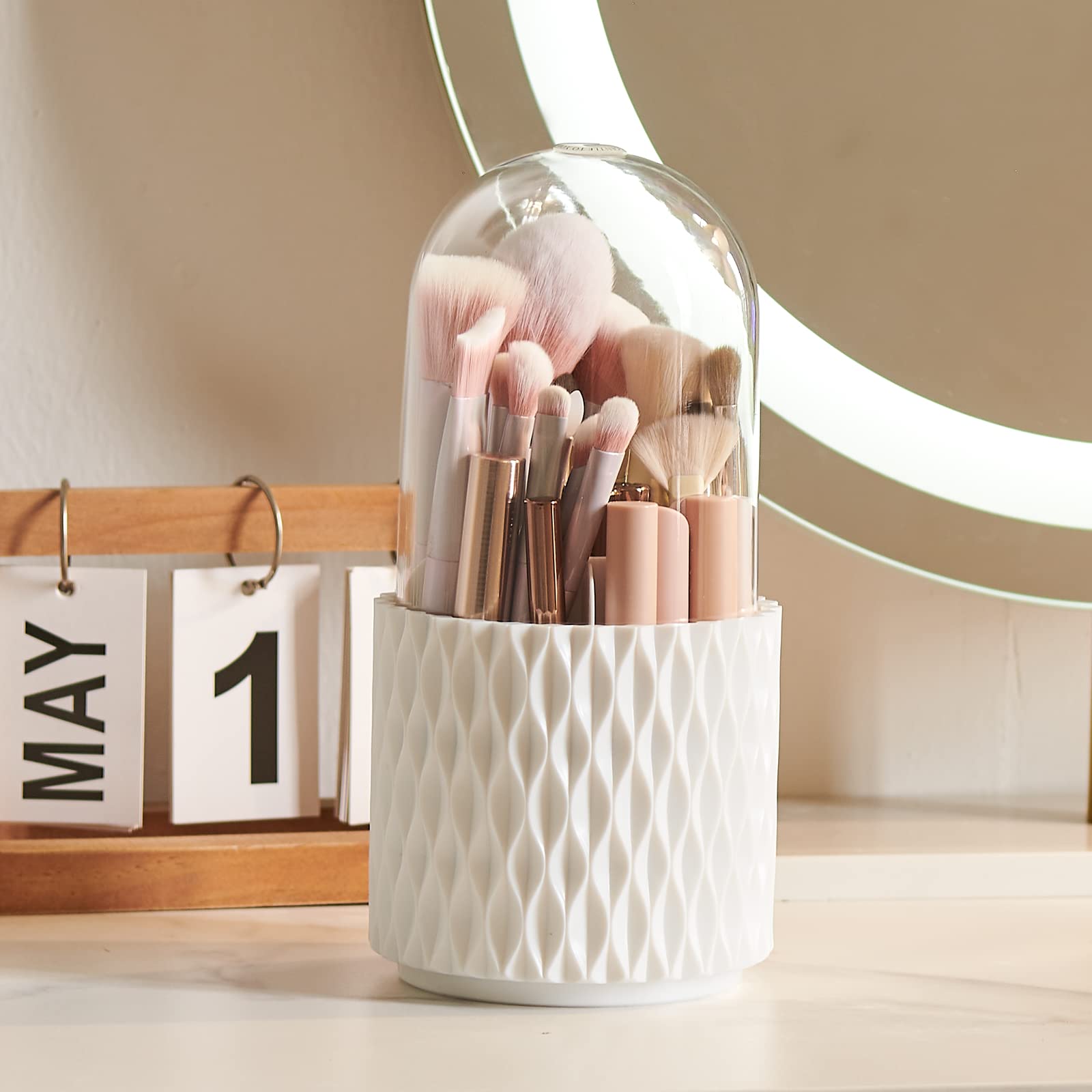 DooGooCoo Makeup Brush Holder [Upgrade] [Dustproof & Waterproof] 360 Rotating Cosmetics Make up Brush Organizer Storage with Lid for Vanity
