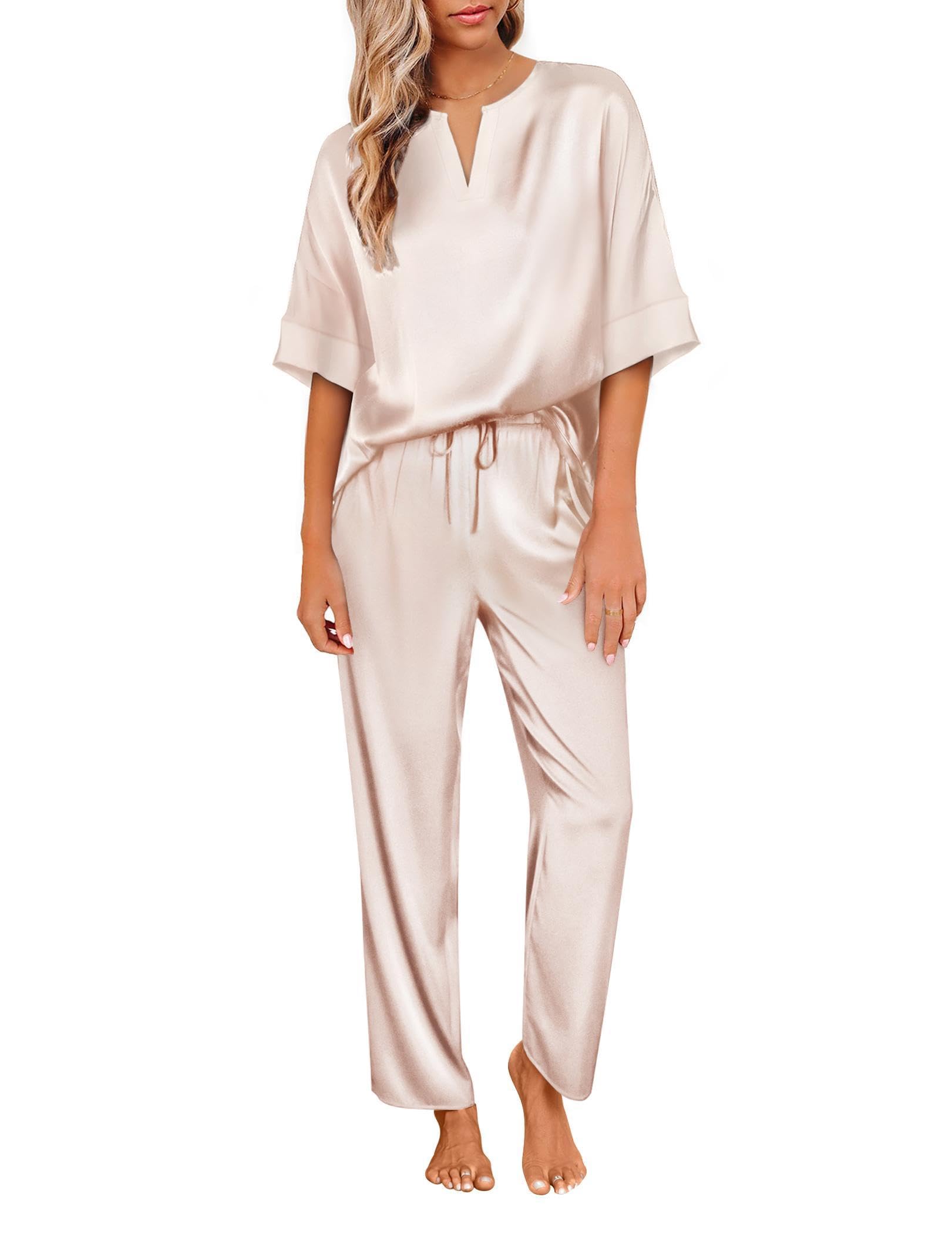 Ekouaer Satin Pajama Set Womens Silk Short Sleeve V Neck Shirt with Long Pant Soft Loungewear Pjs Set Champagne