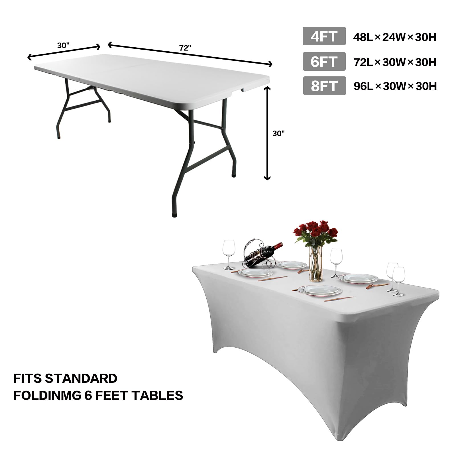 Hussome 2 Pack 4FT Table Cloth for Rectangle Table Grey Tablecloth Rectangular Fitted Stretch Spandex Table Covers 4 ft for Birthday, Cocktail, Wedding, Banquet Spring Summer Outdoor Party