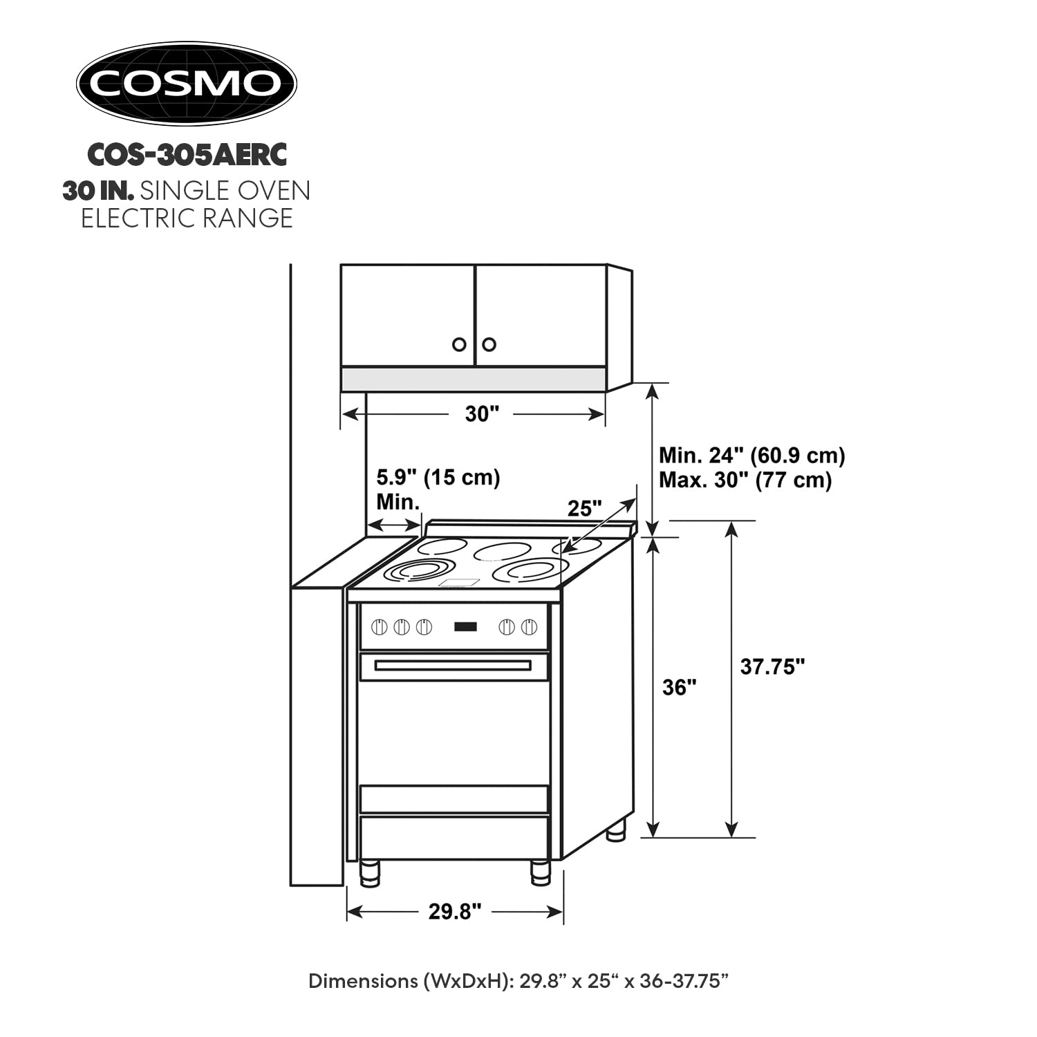 COSMO COS-305AERC 30 in. Vista Collection 5 cu. ft. Electric Ceramic Glass Range, 5 Burner Elements, Convection Oven, Stainless Steel