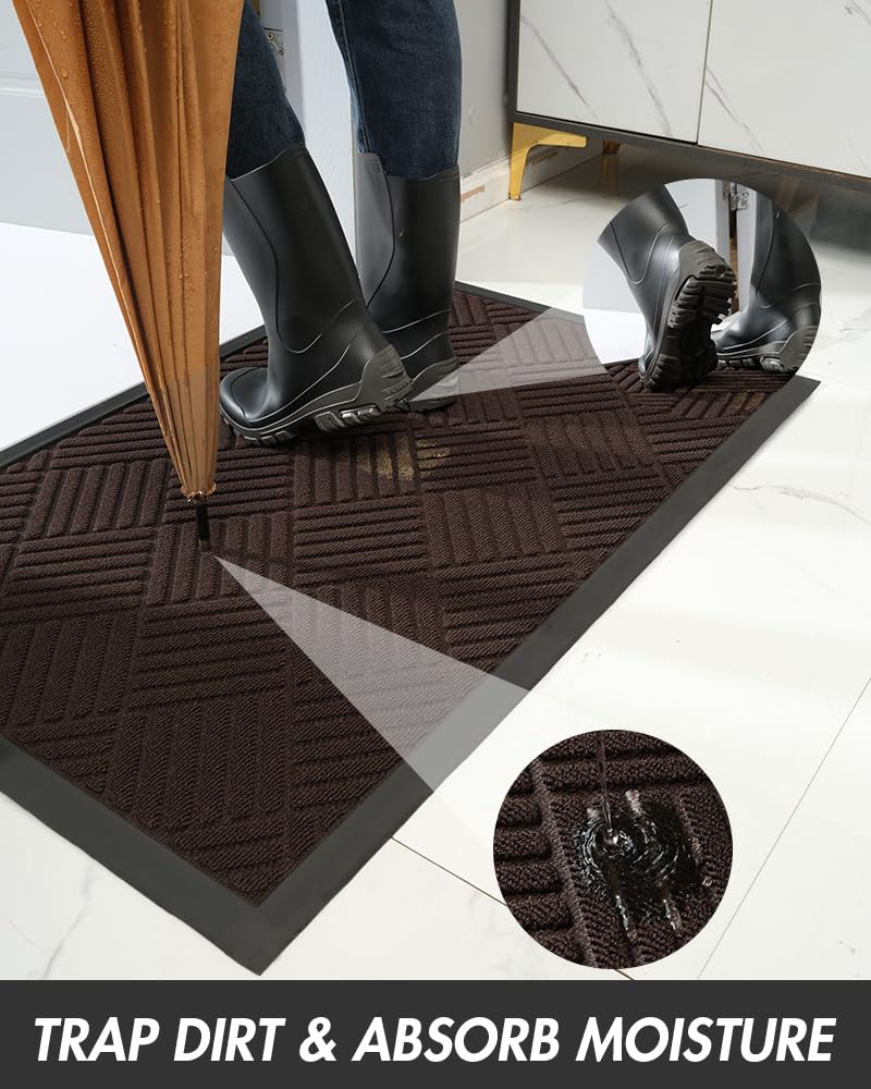 MontVoo-Front Door Mat Outdoor Indoor Entrance Doormat-Welcome Mat Outside Door Mats for Home Entrance Durable Absorbent Non Slip Dirt Trapper Heavy Duty-Brown 17"x30"