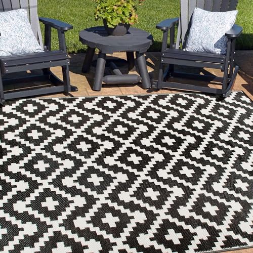 Rugshop Maui Contemporary Geometric Reversible Crease-Free Waterproof Premium Recycled Plastic Outdoor Rugs for Patio,Backyard,RV,Deck,Picnic,Trailer,Beach,Camping Black 3' x 5'