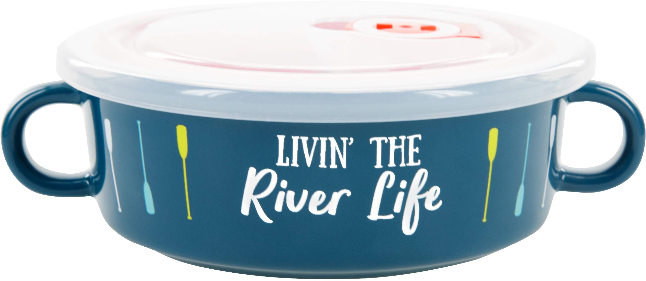 Pavilion Gift Company Livin' The River Life-13.5oz Stoneware Snack Soup Bowl with BPA Free Steam Release Lid, 13.5oz, Blue