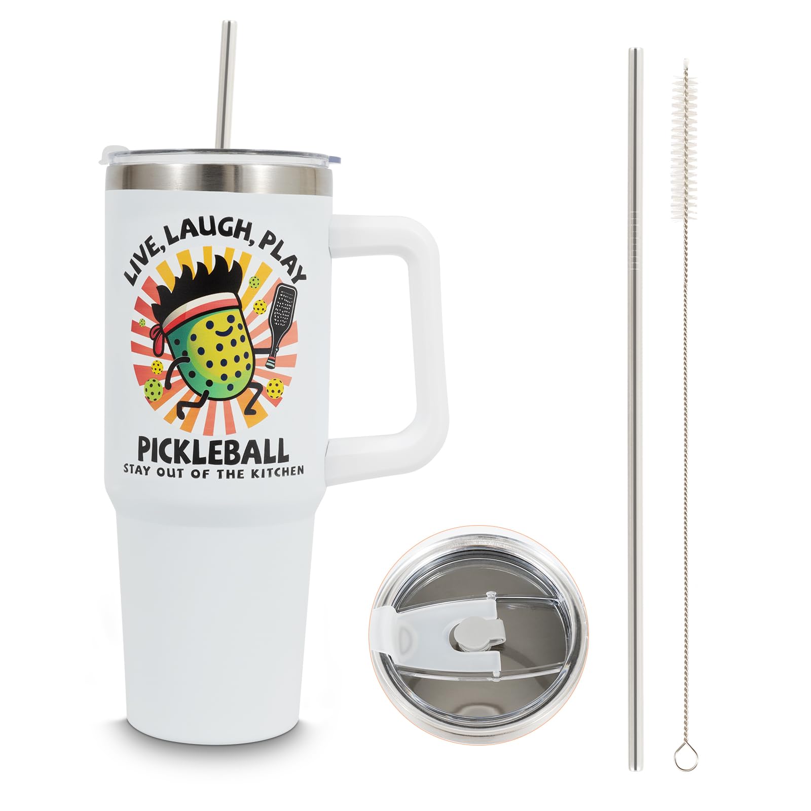 Kauai Sun 30oz Pickle Ball Tumbler with Handle and Straw Lid, Live Laugh Play Pickleball Theme, Inspirational Gifts for Men Women Players, Insulated Stainless Steel for Temperature Shield