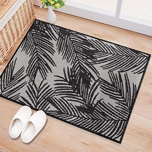 Rugshop Contemporary Distressed Leaves Textured Flat Weave Easy Cleaning Outdoor Rugs for Deck,Patio,Backyard Indoor/Outdoor Area Rug 2' x 3' Black