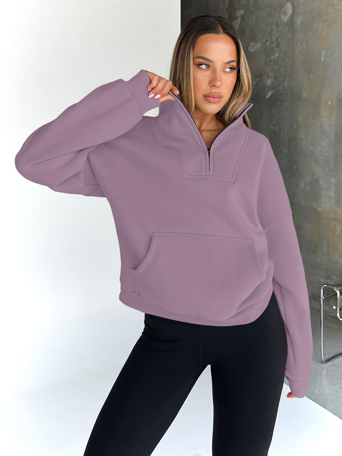 Trendy Queen Sweatshirts Half Zip Pullover Quarter Zip Oversized Hoodies Sweaters Comfy Fall Outfits 2024 Y2K Winter Clothes GreyPurple S