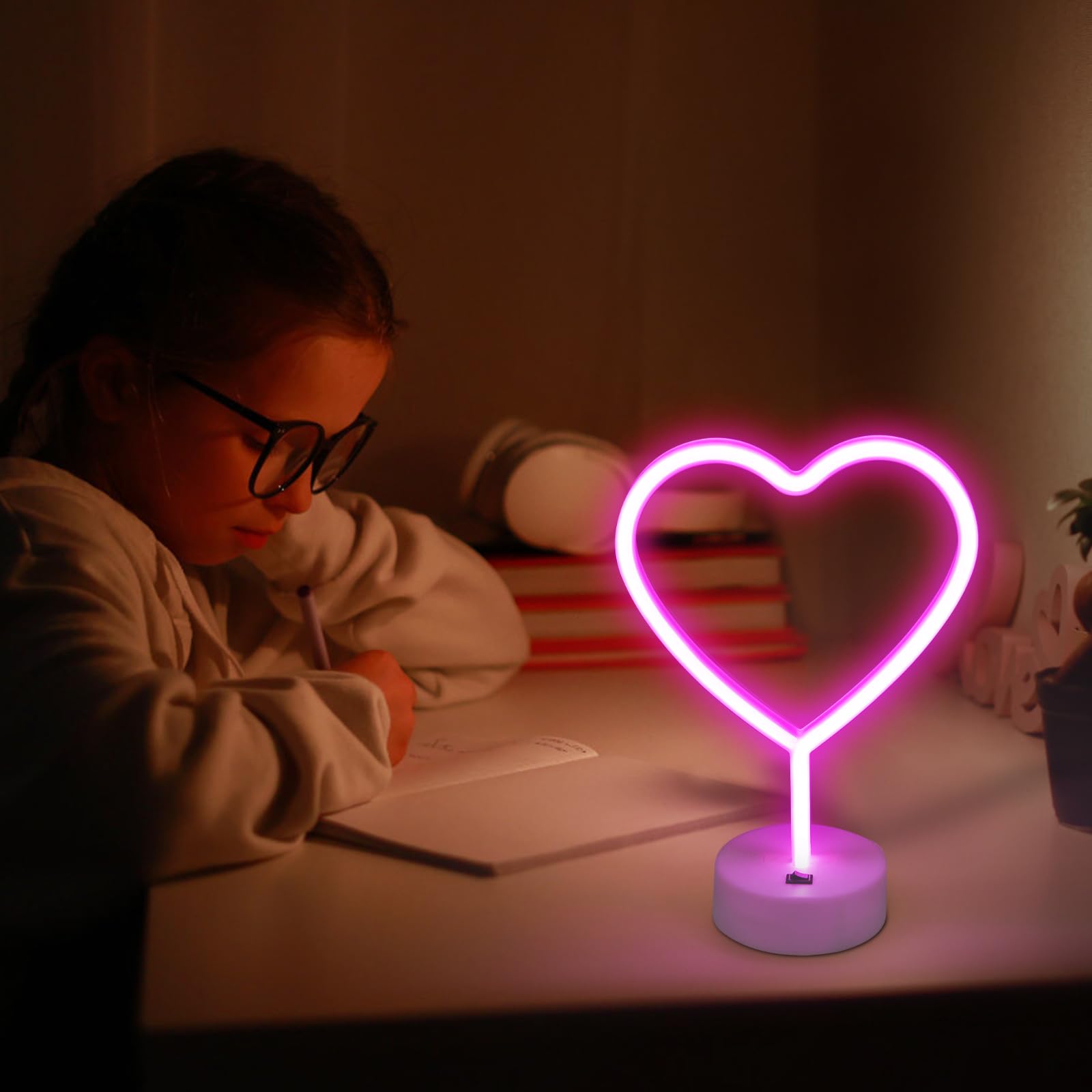 BRIGHTDECK 2 Pack Heart Neon Signs, LED Pink Heart Neon Lights Battery Operated or USB Powered Decoration Lamp, Neon Lights Heart Decor for Valentine's Day Gifts, Wedding, Party, Pink Room Decor