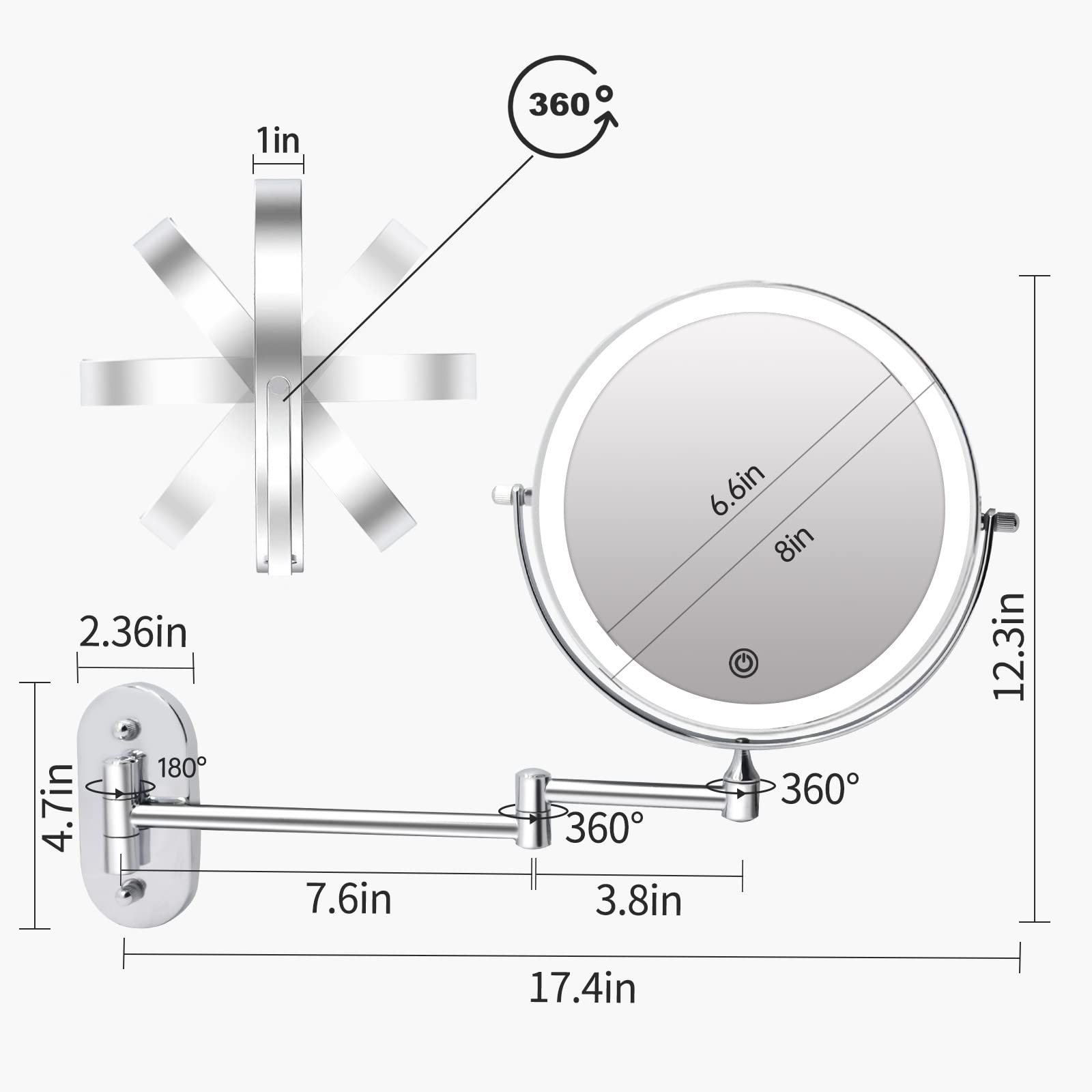 Rechargeable Wall Mounted Lighted Makeup Vanity Mirror 8 Inch Double Sided 1X 10X Magnifying Bathroom Mirror, 3 Color Lighting, Touch Screen Dimming, Extended Arm 360 Rotation Shaving Light up Mirror