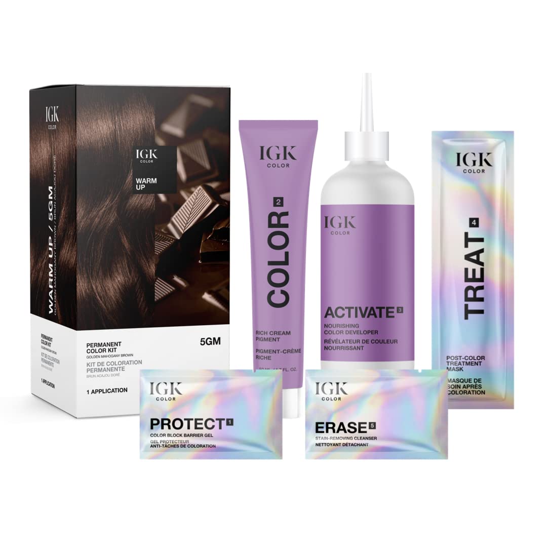 IGK Permanent Color Kit WARM UP - Golden Mahogany Brown 5GM | Easy Application + Strengthen + Shine | Vegan + Cruelty Free + Ammonia Free | 4.75 Oz