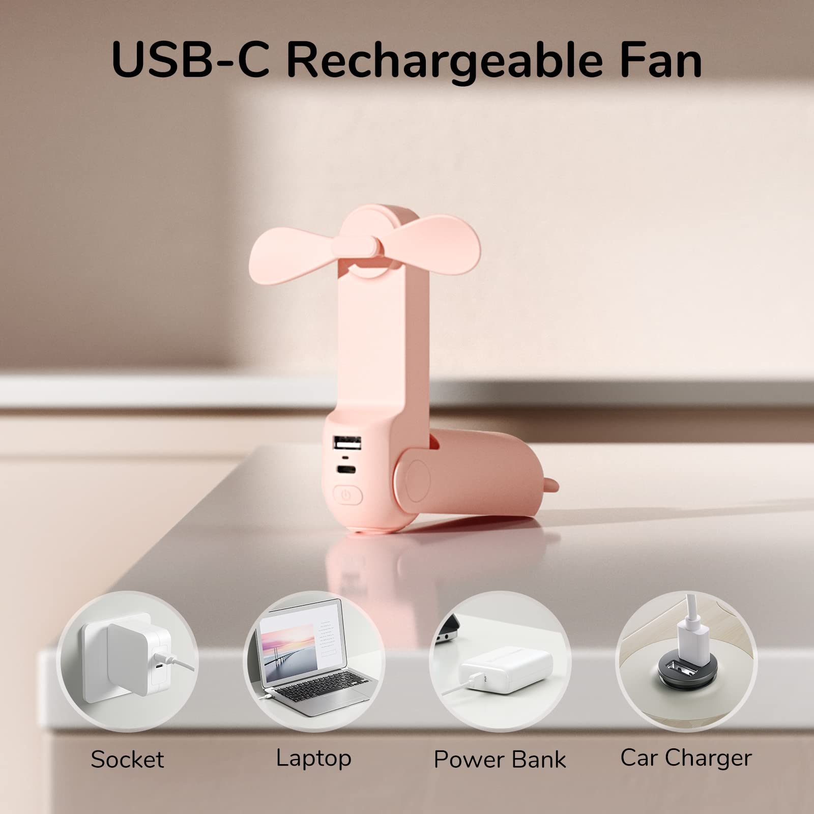 JISULIFE Handheld Mini Fan, 3 IN 1 Hand Fan, USB Rechargeable Small Pocket Fan [12-19 Working Hours] with Power Bank, Flashlight, Portable Fan for Travel/Summer/Concerts/Lash, Gifts for Women(Pink)