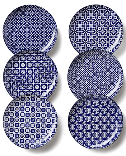 Metahom Salad Plates, Blue and White Dessert Plates, 8 Inch Colorful Ceramic Dish Set for Pasta, Set of 6, Dishwasher & Microwave Safe