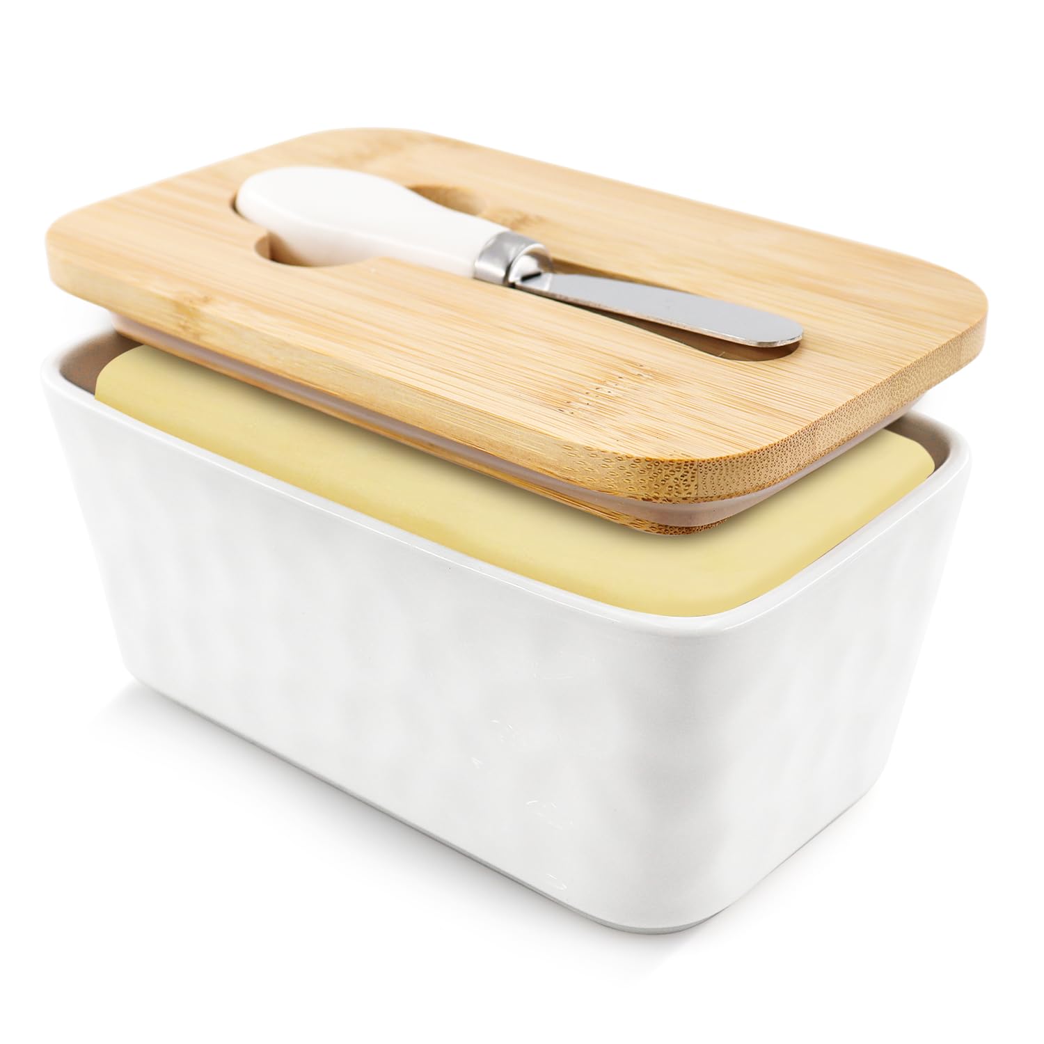 Butter Dish with Lid, Butter Dish with Butter Curler Knife, with Airtight Cover, Butter Keeper for Counter or Fridge, White