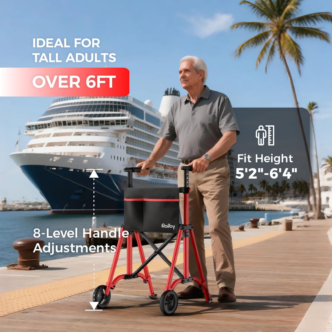 Folding Walkers for Seniors, Lightweight Narrow Travel Walker, Fully Assembled Standard Walker with 2 Wheels, Adjustable Height for Tall, Aluminum Frame Supports 400 lbs, Extra 2 Skis and Storage Bag