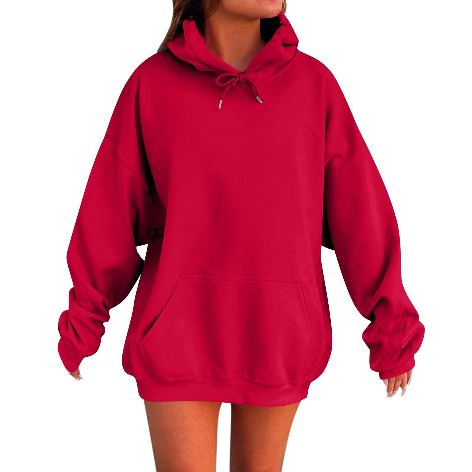 red Oversized Hoodie Amazon Warehouse Sale Clearance Returns Womens Oversized Hoodies Winter Cute Sweatshirts Pullover Fashion Tops Trendy Outfits Clothes for Mature Women Over 50 Red L