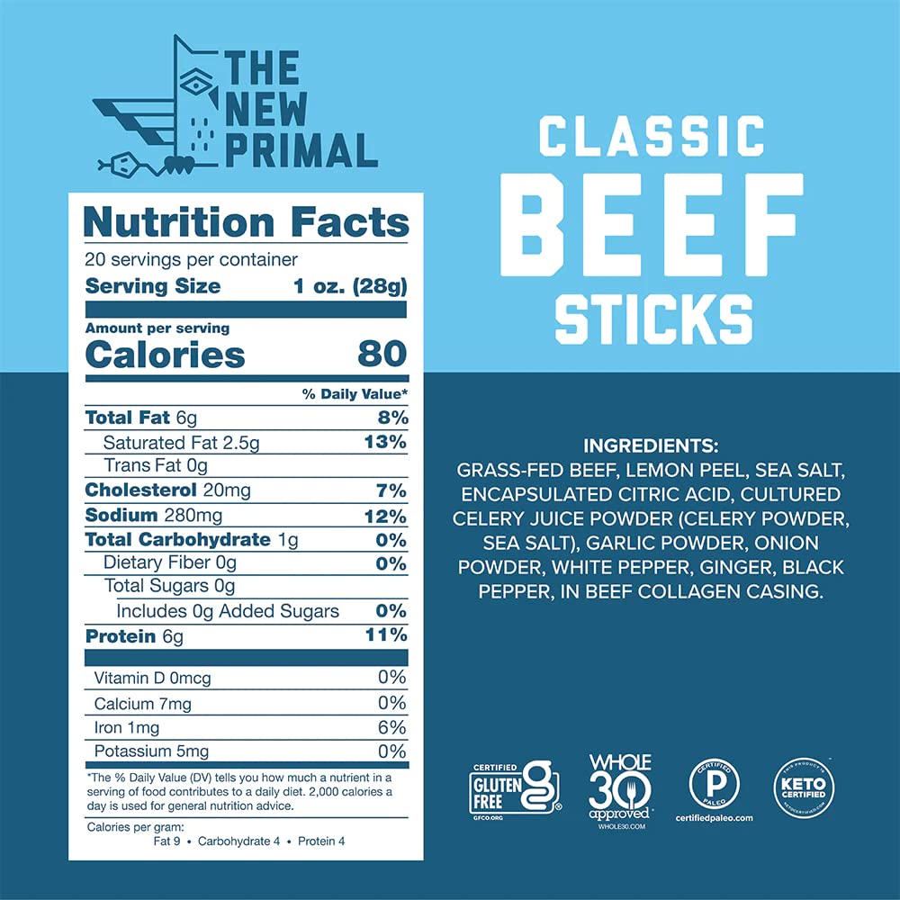 The New Primal, Meat Stick Sampler, Whole30 Approved, Paleo, Keto, Certified Gluten Free, Low Carb, High Protein Snack, Pantry Snacks, Sugar Free, Grass-fed Beef, 1 Oz Sticks (10 Sticks Total)