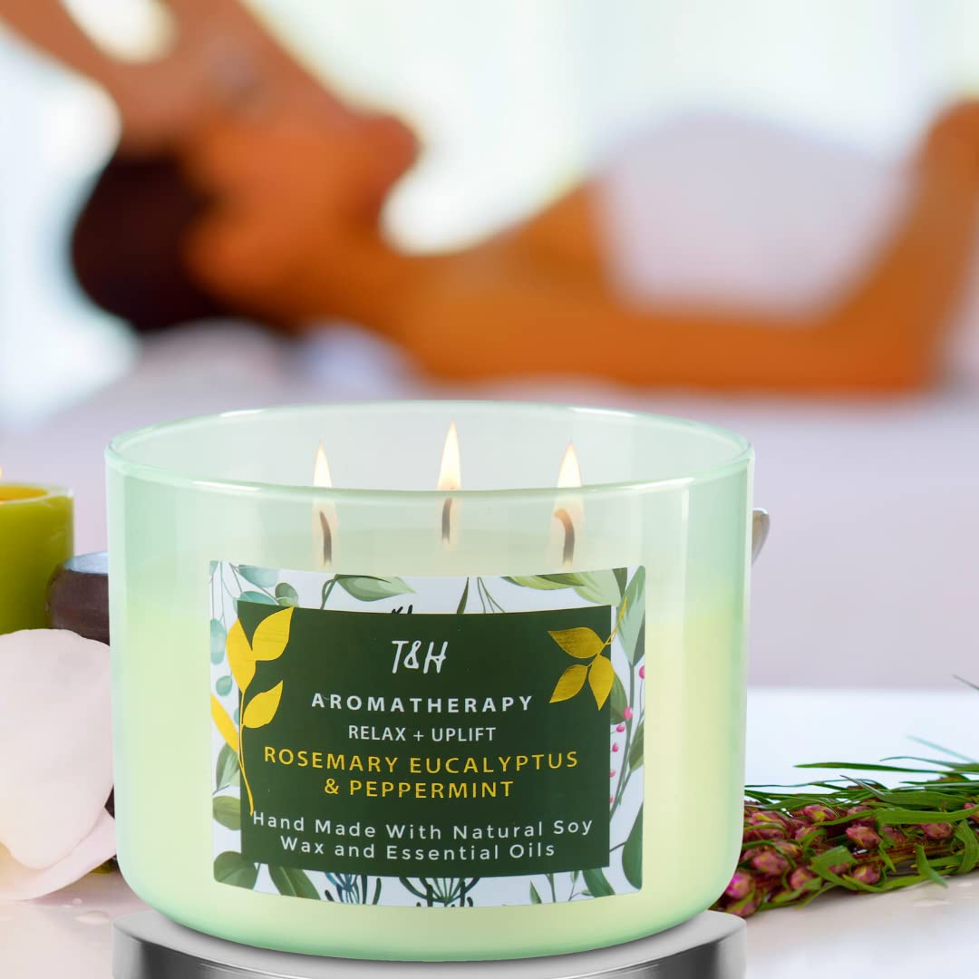 Rosemary Eucalyptus Peppermint Candle | Highly Scented Large 3 Wick Soy Candle 15.8 oz | Uplifting Fresh Eucalyptus Mint Scented Candle for Home | Aromatherapy Stress Relief Candle for Women & Men