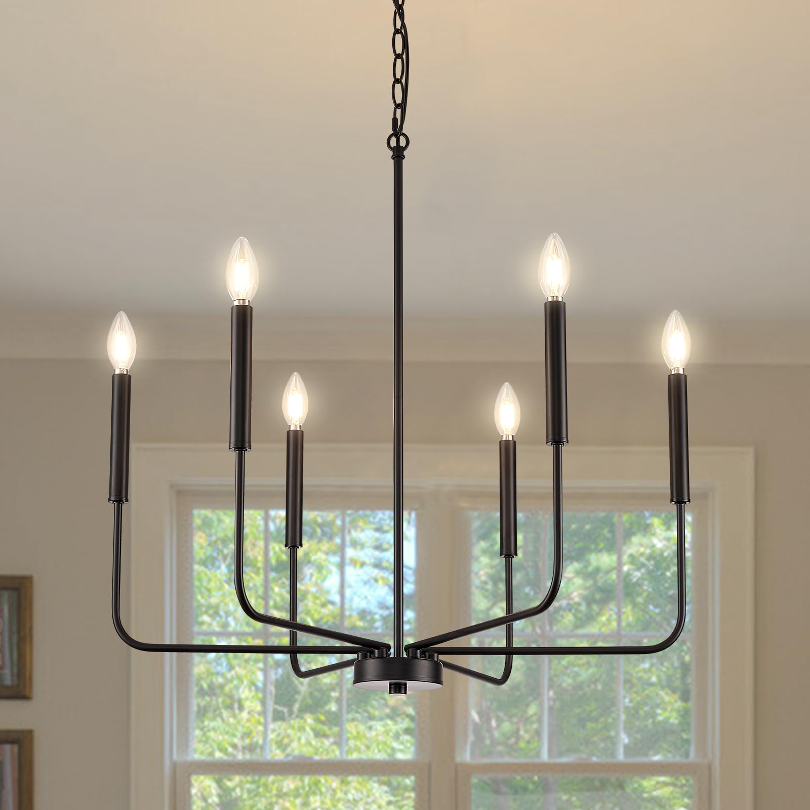 ONESMING Modern Black Chandelier for Dining Room,Metal 6-Light Kitchen Light Fixtures,Farmhouse Candle Hanging Pendant Light for Living Room Entryway Foyer Bedroom (Bulbs Not Included)