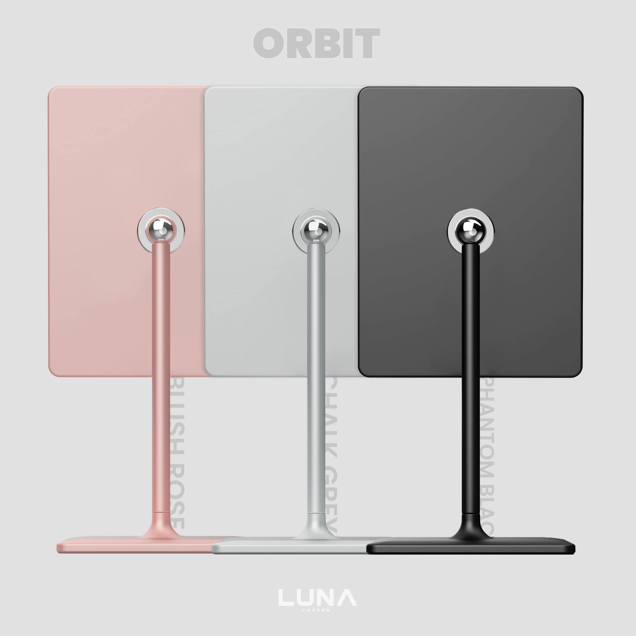 LUNA London Orbit Mirror | Vanity Mirror with Lights, Makeup Mirror, LED Lighted Desk Mirror with Light for Tabletop 7X 1X Magnification Dimmable and Rechargeable | Phantom Black