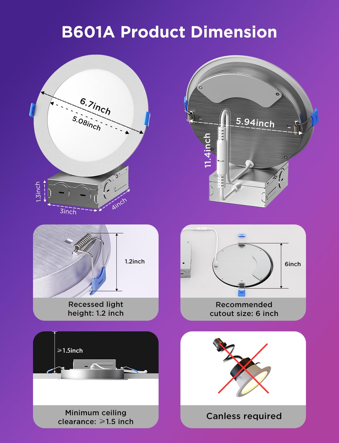 Govee 6 Inch Smart Recessed Lighting, Wi-Fi Bluetooth Direct Connect RGBWW LED Downlight, 65 Scene Mode, Work with Alexa & Google Assistant, LED Recessed Lighting with Junction Box, 1100 Lumen, 6 Pack