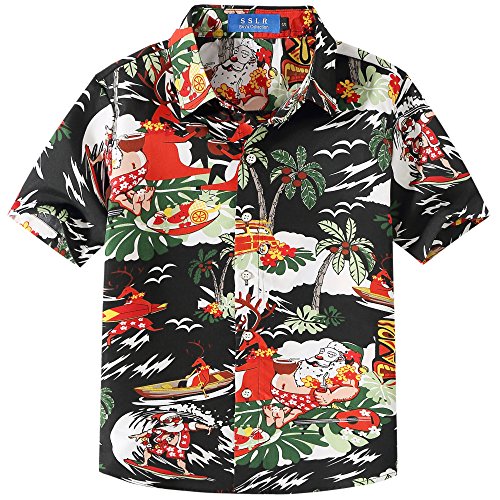 SSLR Big Boys' Santa Claus Party Tropical Ugly Hawaiian Christmas Shirts (Small, Red Blue)